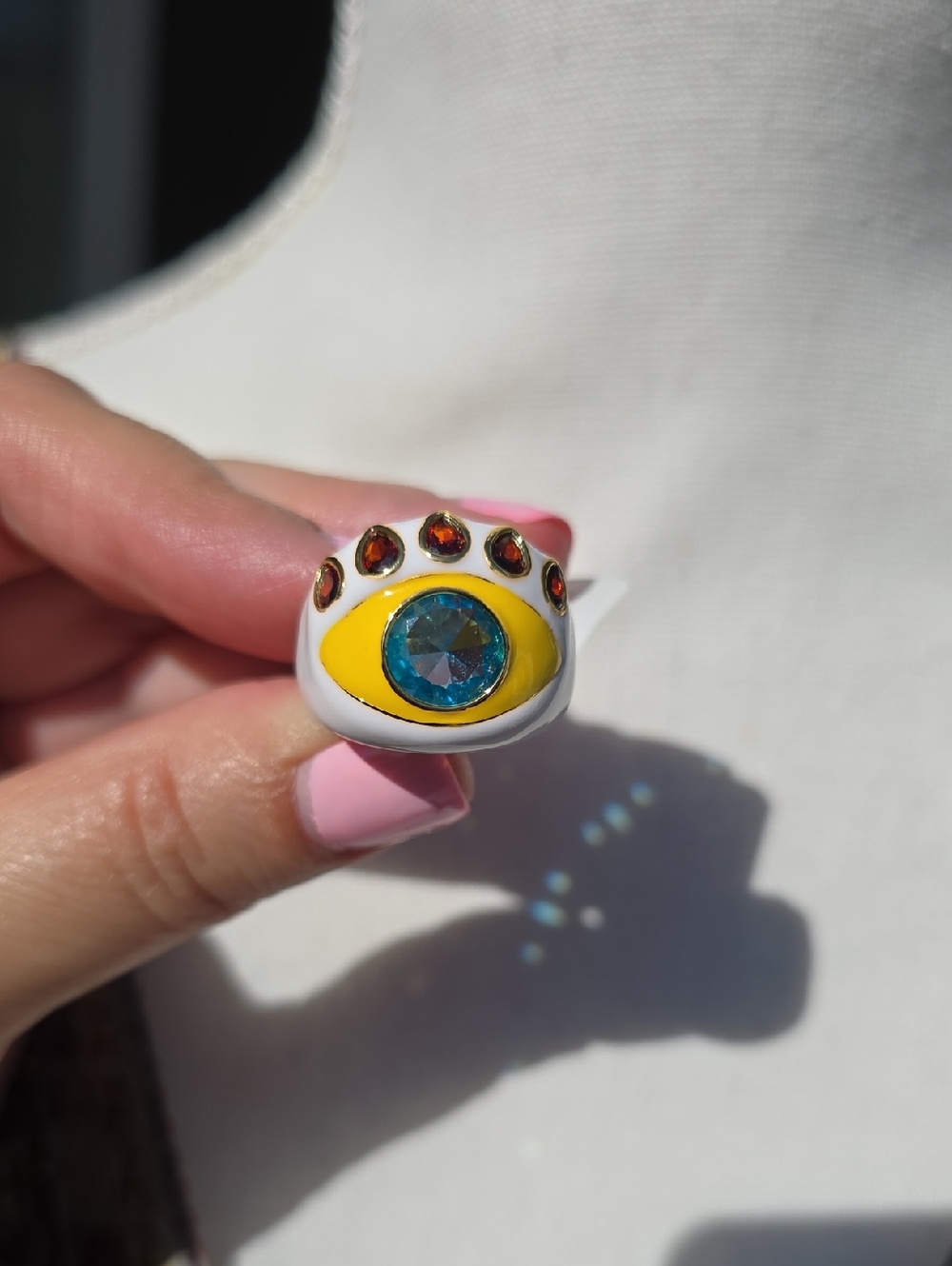 White Enamel Eye Ring with Blue Crystal Accent